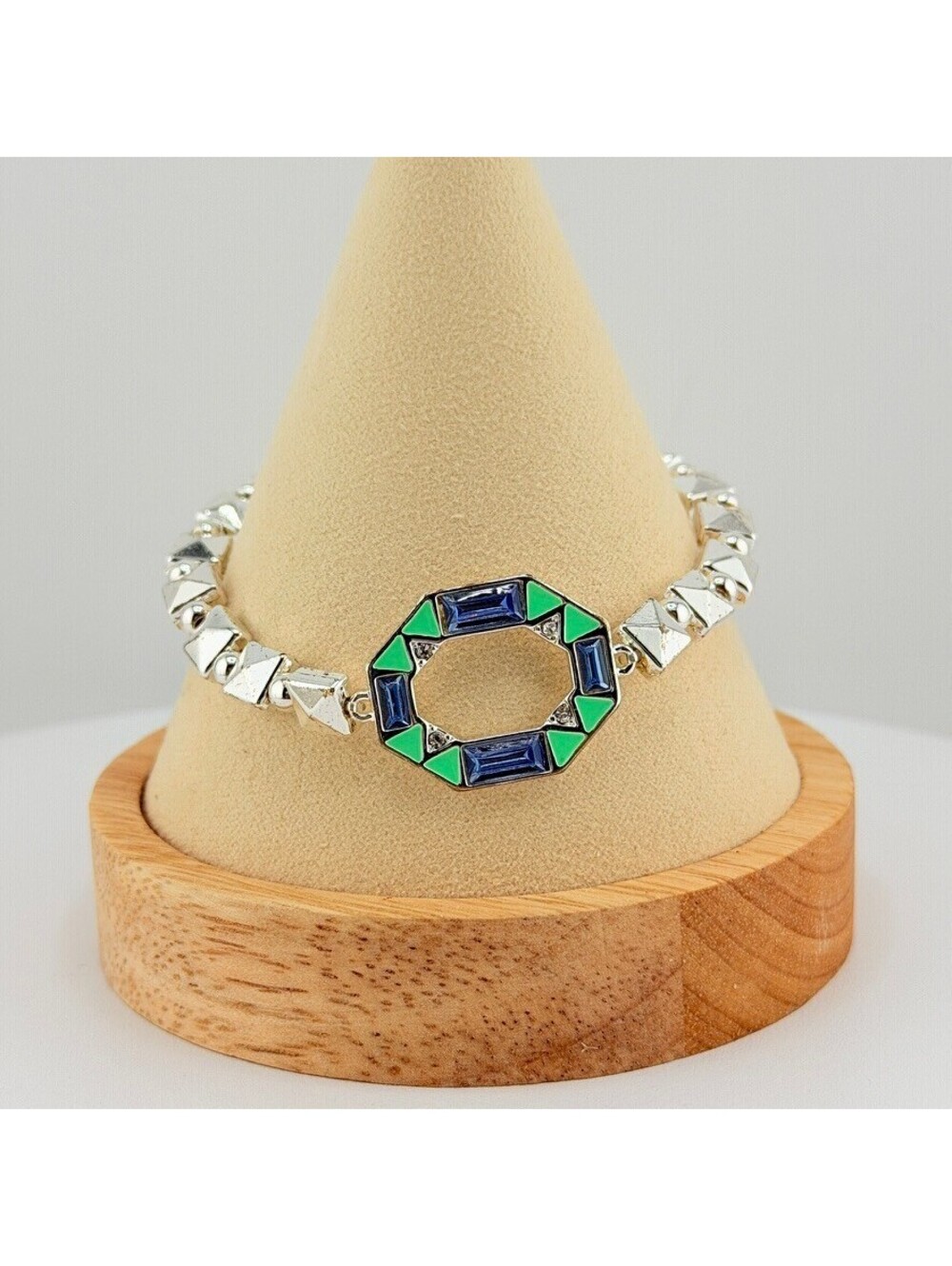 Bomb Party Stretchy Beaded Single Bracelet - Green & Blue on Silver